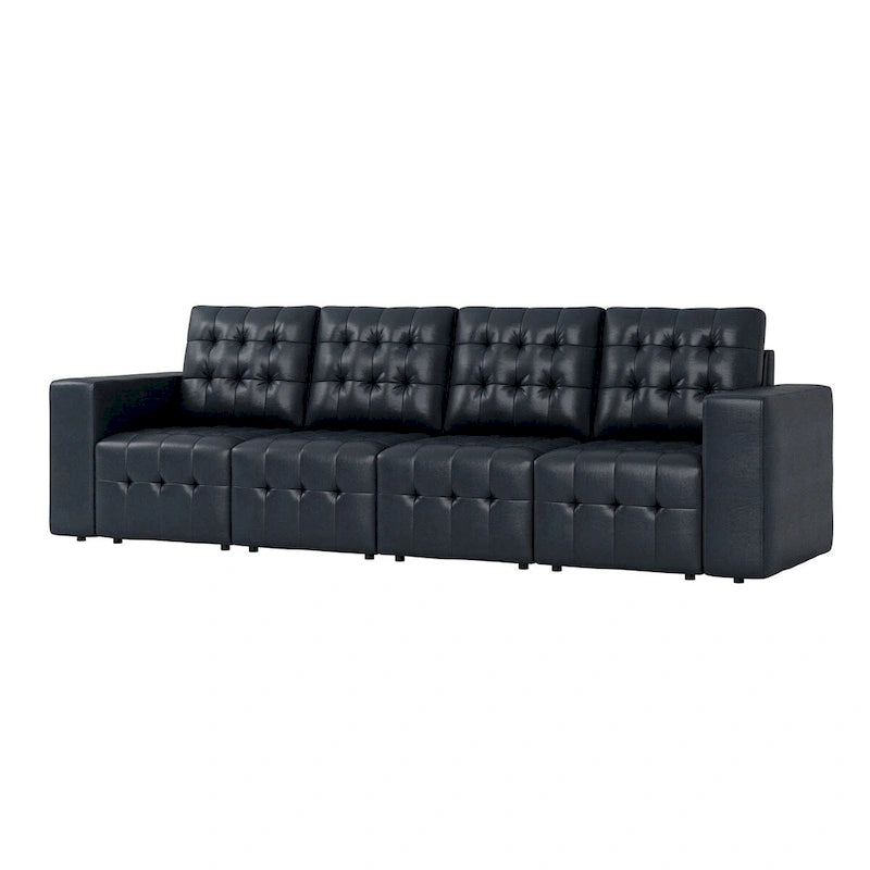 Deep Blue Genuine Leather Channel-Tufted Sofa, 111W in
