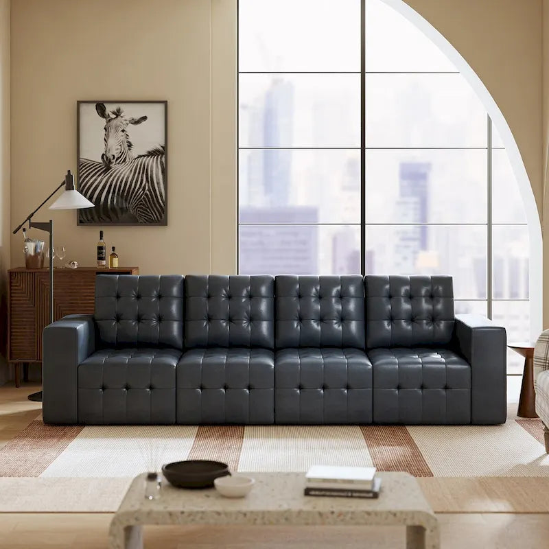 Deep Blue Genuine Leather Channel-Tufted Sofa, 111W in