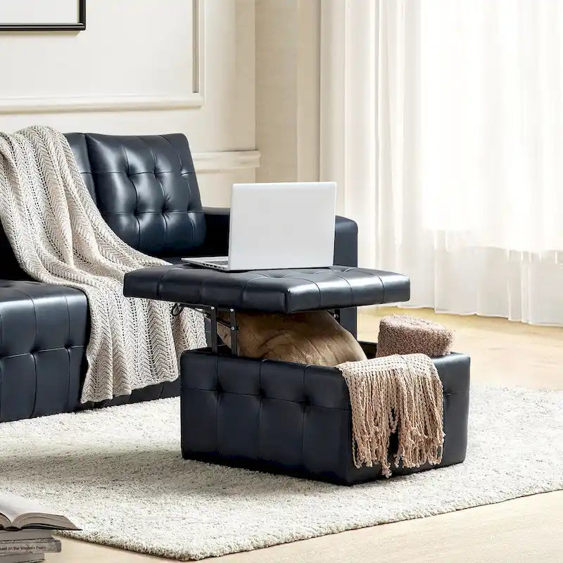 Deep Blue Genuine Leather Channel-Tufted Sofa, 111W in