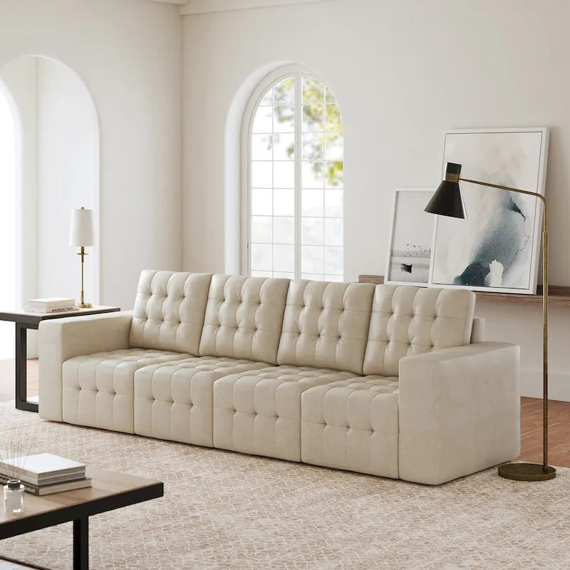 Deep Blue Genuine Leather Channel-Tufted Sofa, 111W in