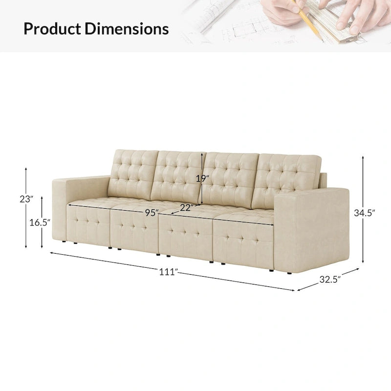Deep Blue Genuine Leather Channel-Tufted Sofa, 111W in