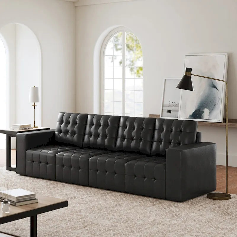 Deep Blue Genuine Leather Channel-Tufted Sofa, 111W in