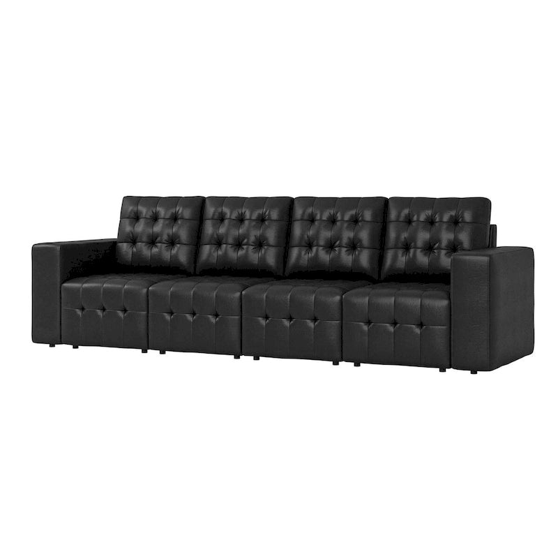 Deep Blue Genuine Leather Channel-Tufted Sofa, 111W in