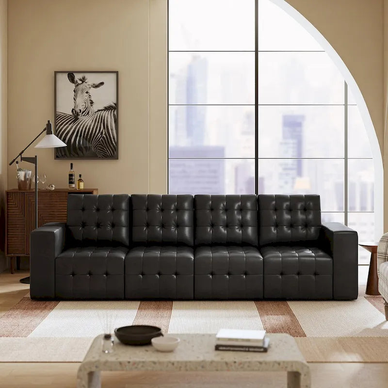 Deep Blue Genuine Leather Channel-Tufted Sofa, 111W in