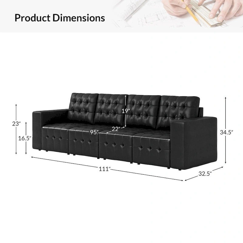 Deep Blue Genuine Leather Channel-Tufted Sofa, 111W in