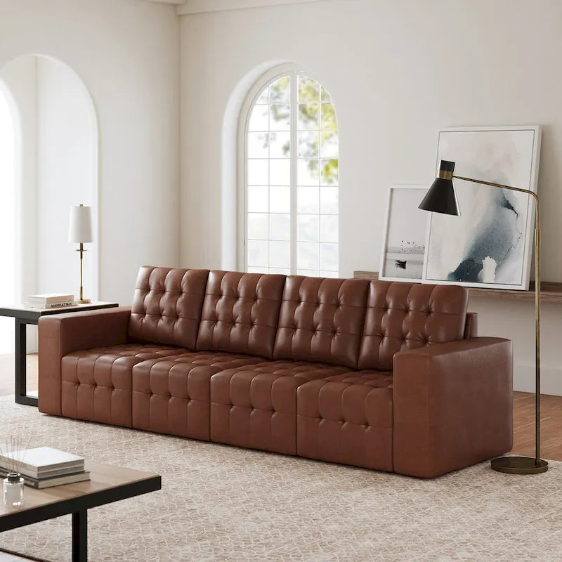 Deep Blue Genuine Leather Channel-Tufted Sofa, 111W in
