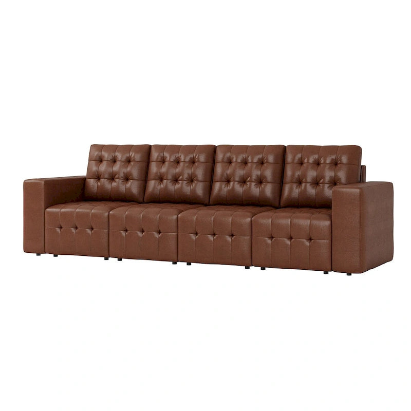 Deep Blue Genuine Leather Channel-Tufted Sofa, 111W in