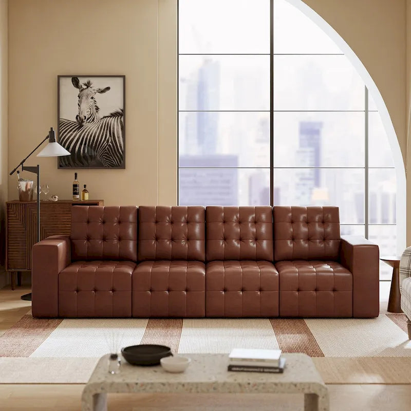 Deep Blue Genuine Leather Channel-Tufted Sofa, 111W in