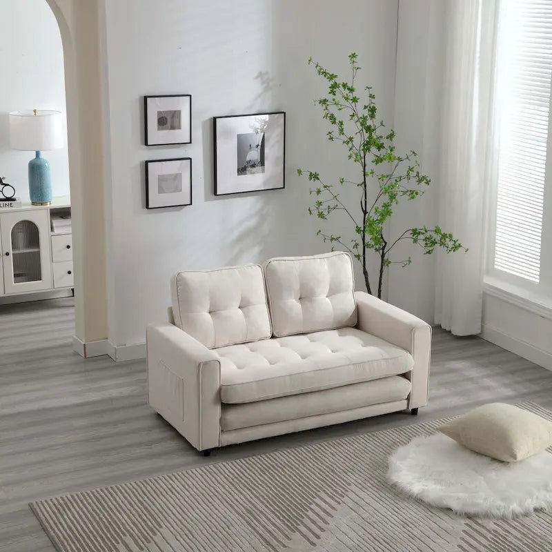 Convertible Sofa Bed Loveseat with Side Storage Pockets, Light Gray