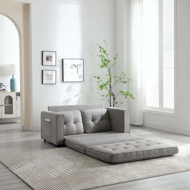 Convertible Sofa Bed Loveseat with Side Storage Pockets, Light Gray