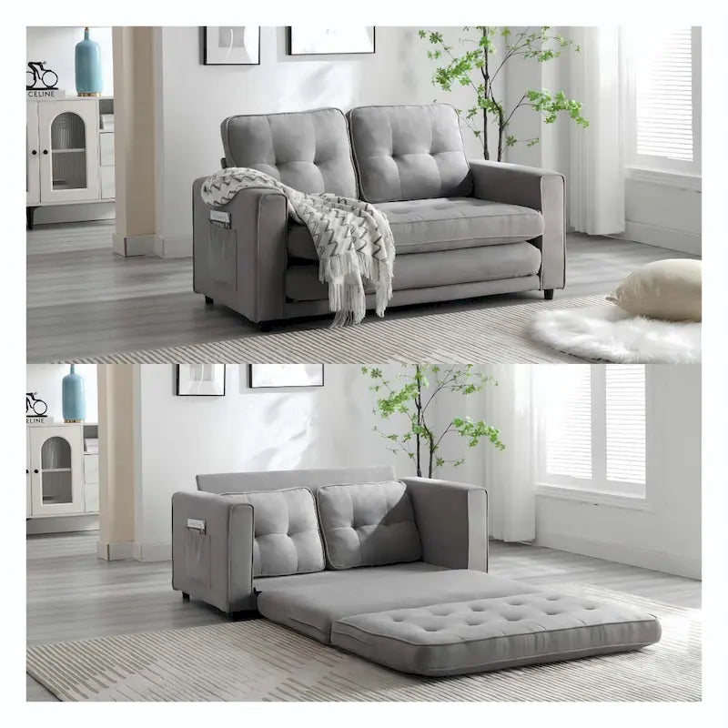 Convertible Sofa Bed Loveseat with Side Storage Pockets, Light Gray