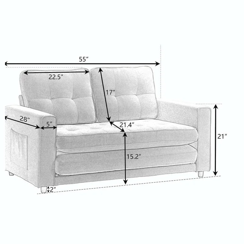Convertible Sofa Bed Loveseat with Side Storage Pockets, Light Gray