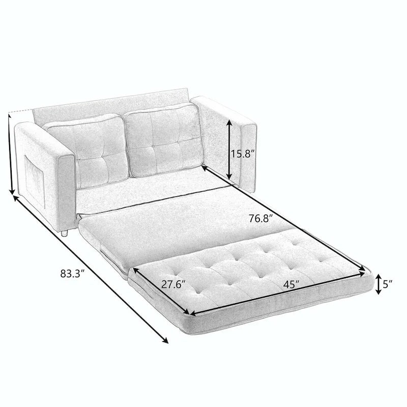 Convertible Sofa Bed Loveseat with Side Storage Pockets, Light Gray