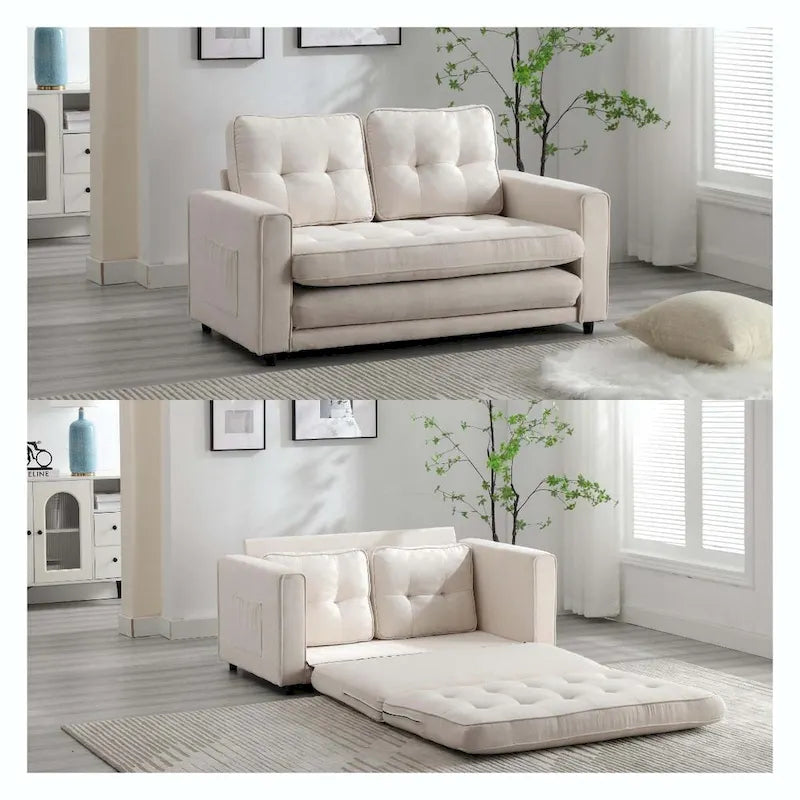 Convertible Sofa Bed Loveseat with Side Storage Pockets, Light Gray