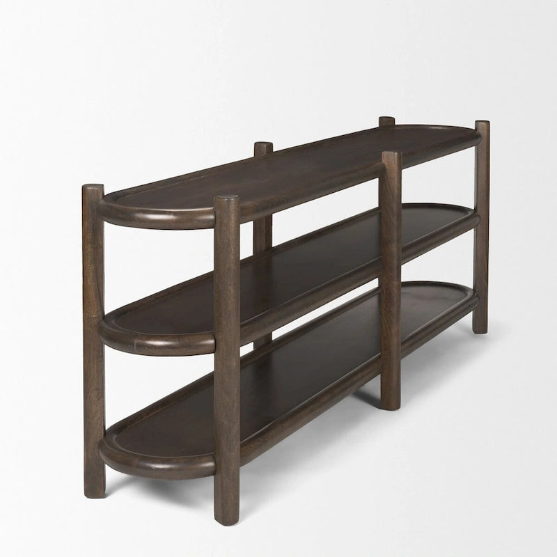Dark Brown Wood w/ 3 Shelves Oval Console Table