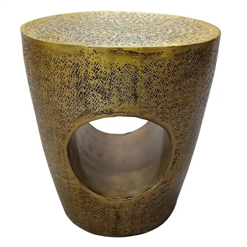 17 in. Side End Table, Tapered Drum Shape with Hollow Center, Antique Brass Aluminum