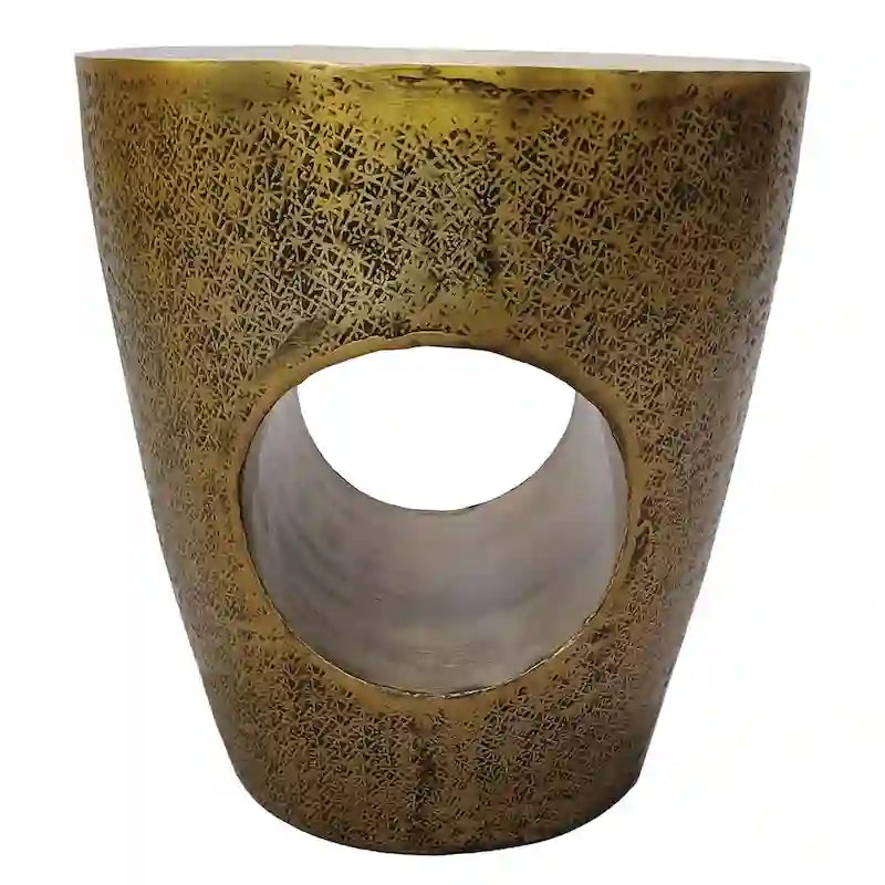 17 in. Side End Table, Tapered Drum Shape with Hollow Center, Antique Brass Aluminum