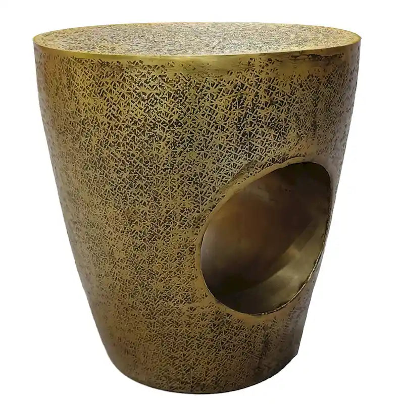 17 in. Side End Table, Tapered Drum Shape with Hollow Center, Antique Brass Aluminum