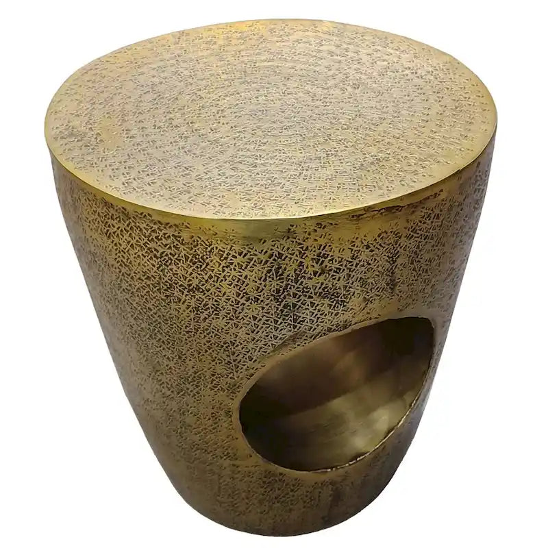 17 in. Side End Table, Tapered Drum Shape with Hollow Center, Antique Brass Aluminum