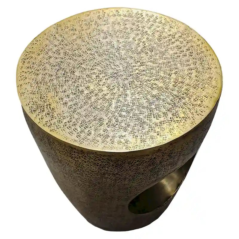 17 in. Side End Table, Tapered Drum Shape with Hollow Center, Antique Brass Aluminum