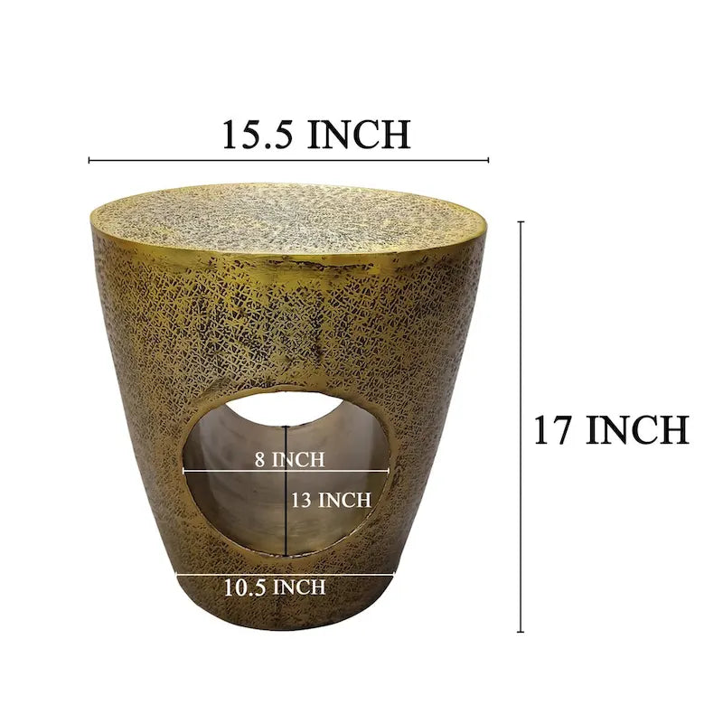 17 in. Side End Table, Tapered Drum Shape with Hollow Center, Antique Brass Aluminum