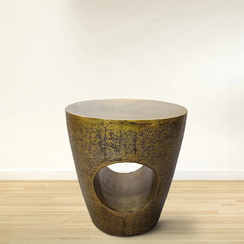 17 in. Side End Table, Tapered Drum Shape with Hollow Center, Antique Brass Aluminum