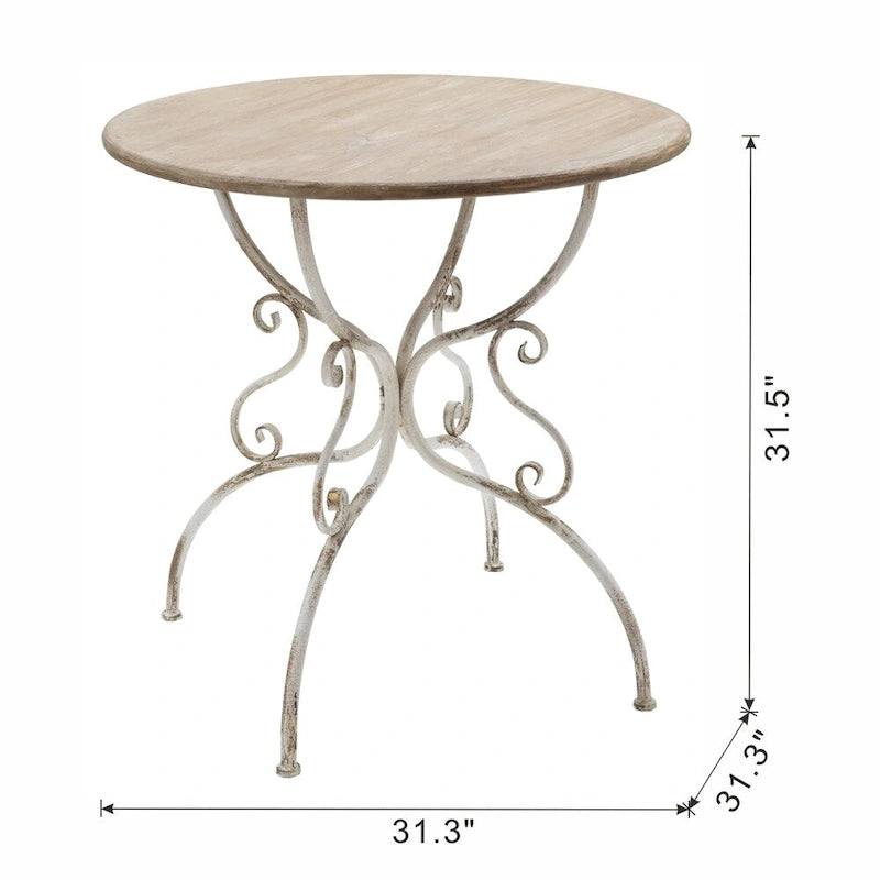Round Wooden Table with Metal Scrollwork Legs