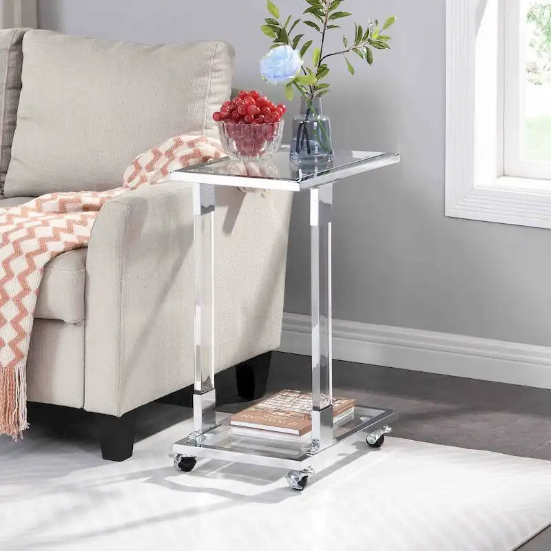 C-Shape Acrylic and Chrome Sofa Side Table with Rolling Casters