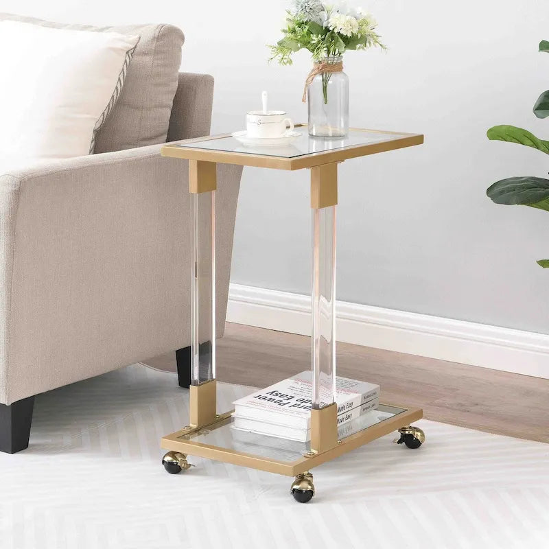 C-Shape Acrylic and Chrome Sofa Side Table with Rolling Casters