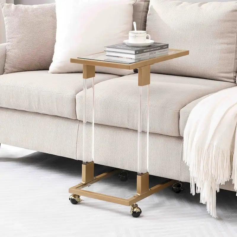 C-Shape Acrylic and Chrome Sofa Side Table with Rolling Casters