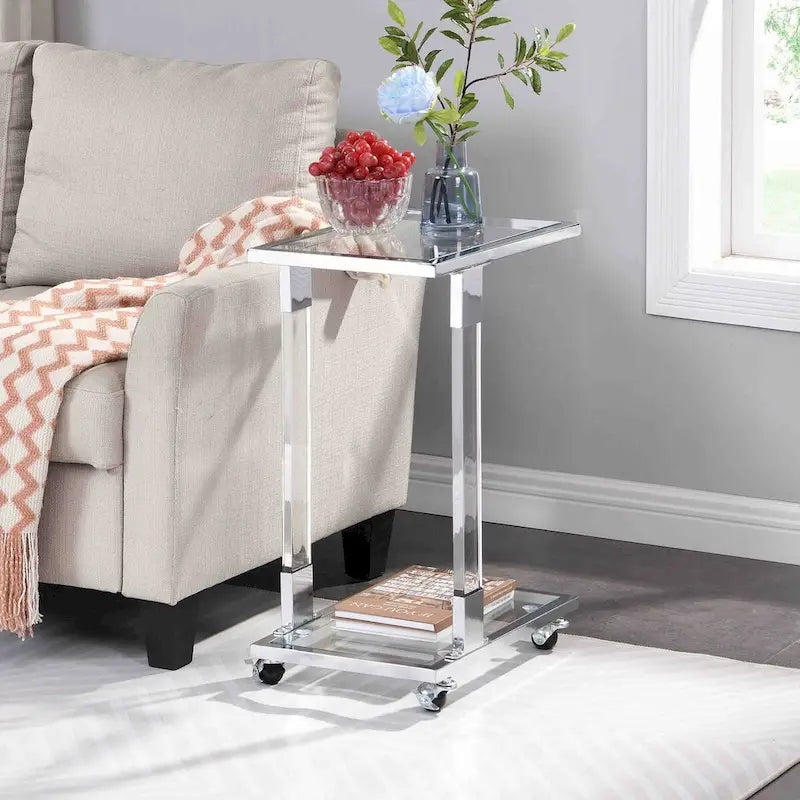 C-Shape Acrylic and Chrome Sofa Side Table with Rolling Casters