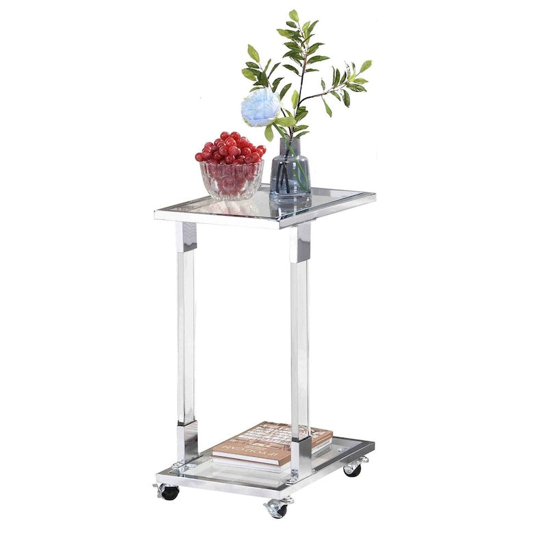 C-Shape Acrylic and Chrome Sofa Side Table with Rolling Casters