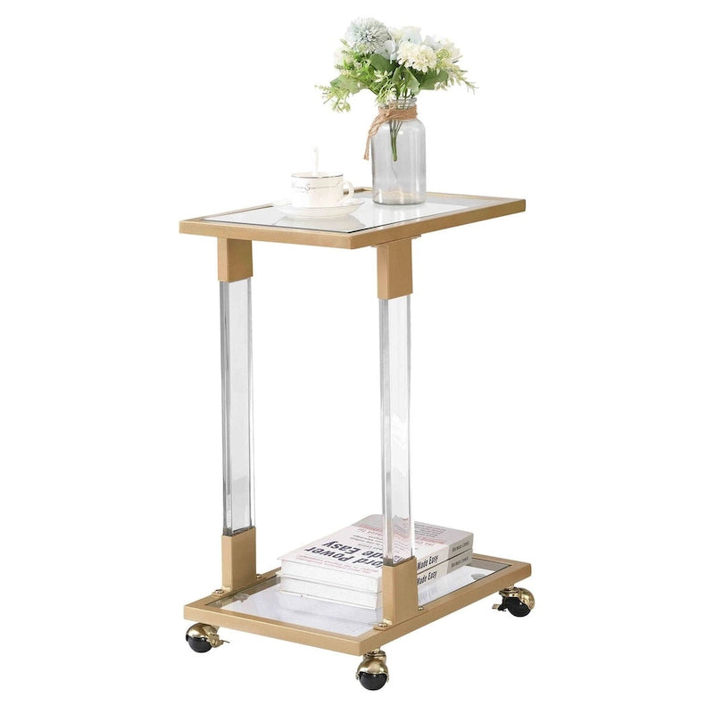 C-Shape Acrylic and Chrome Sofa Side Table with Rolling Casters