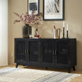 58 in. Black Sideboard with Woven Cane Door Panels and Angled Wood Legs