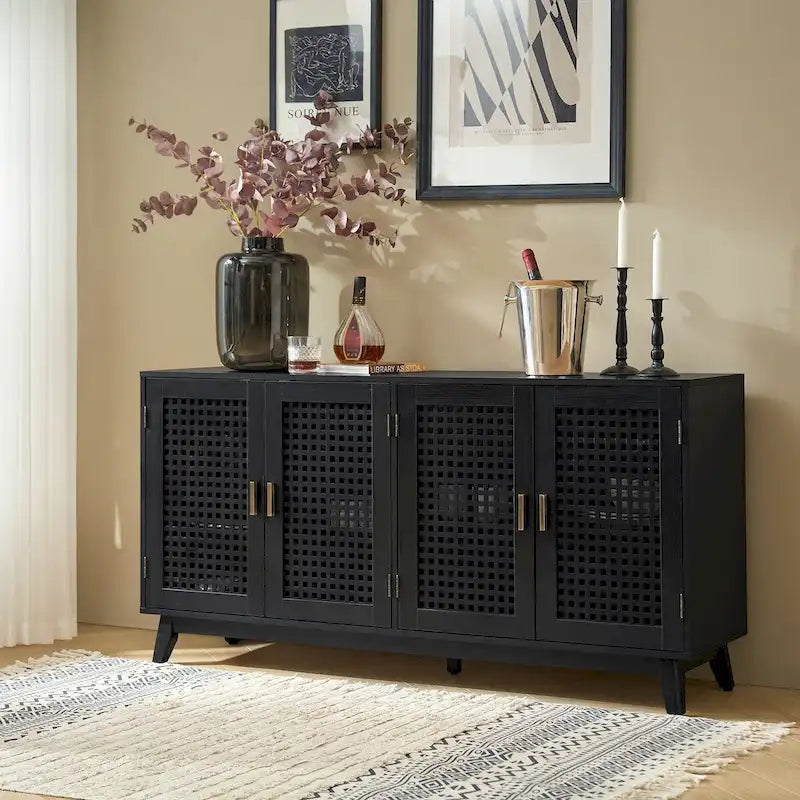 58 in. Black Sideboard with Woven Cane Door Panels and Angled Wood Legs