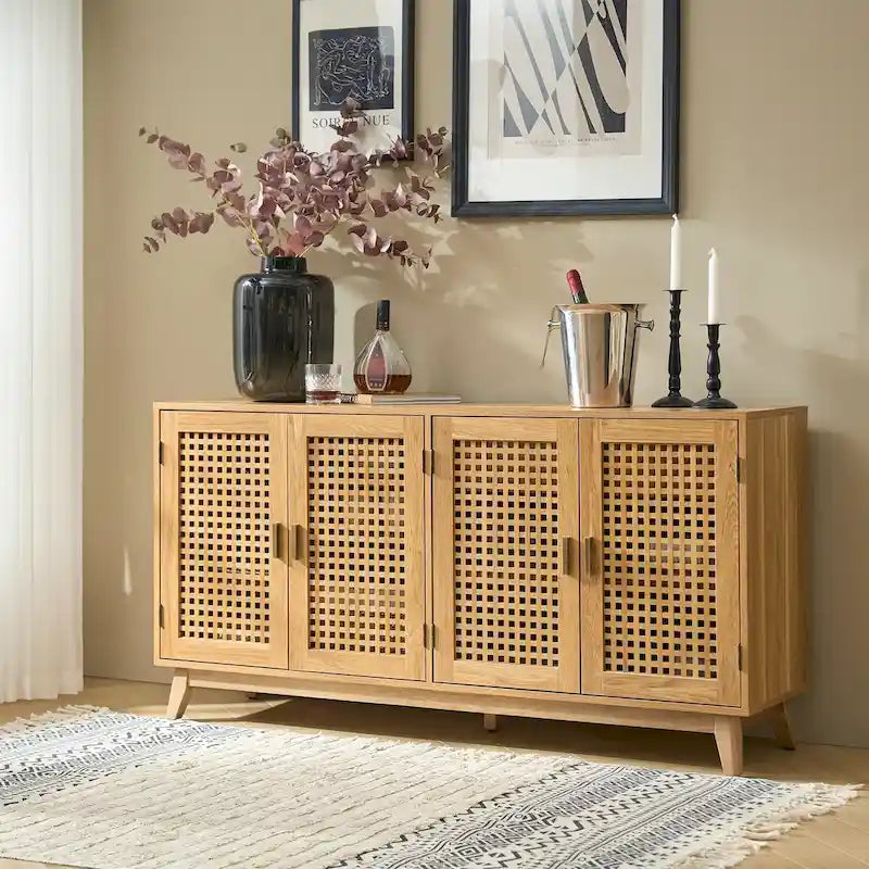58 in. Black Sideboard with Woven Cane Door Panels and Angled Wood Legs