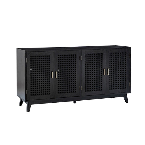 58 in. Black Sideboard with Woven Cane Door Panels and Angled Wood Legs