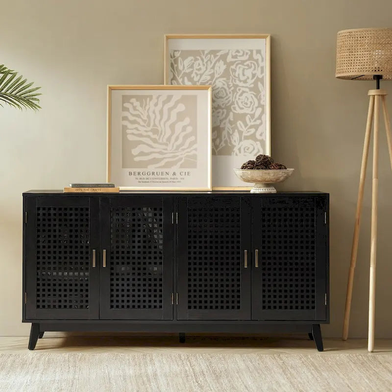 58 in. Black Sideboard with Woven Cane Door Panels and Angled Wood Legs