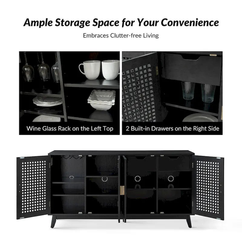 58 in. Black Sideboard with Woven Cane Door Panels and Angled Wood Legs