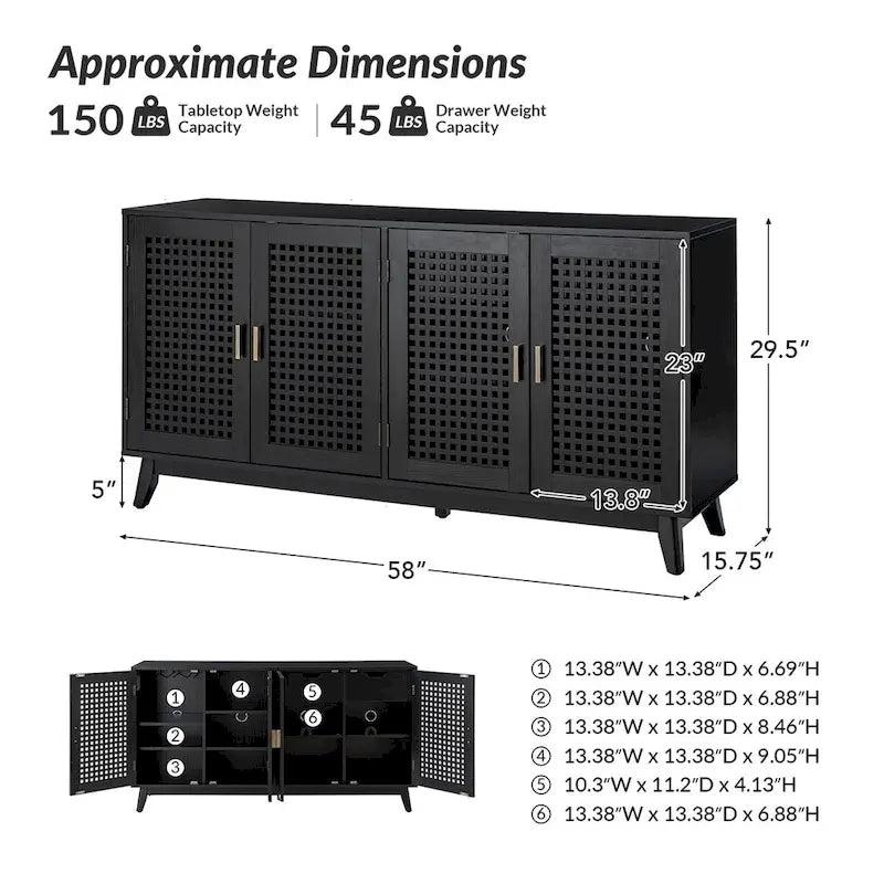 58 in. Black Sideboard with Woven Cane Door Panels and Angled Wood Legs