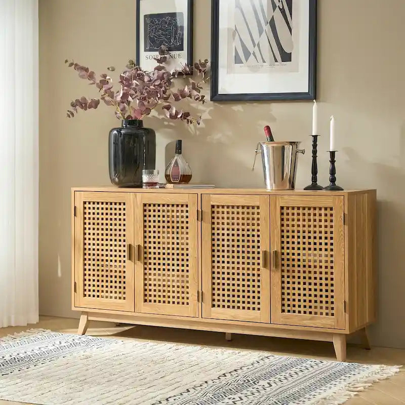 58 in. Black Sideboard with Woven Cane Door Panels and Angled Wood Legs