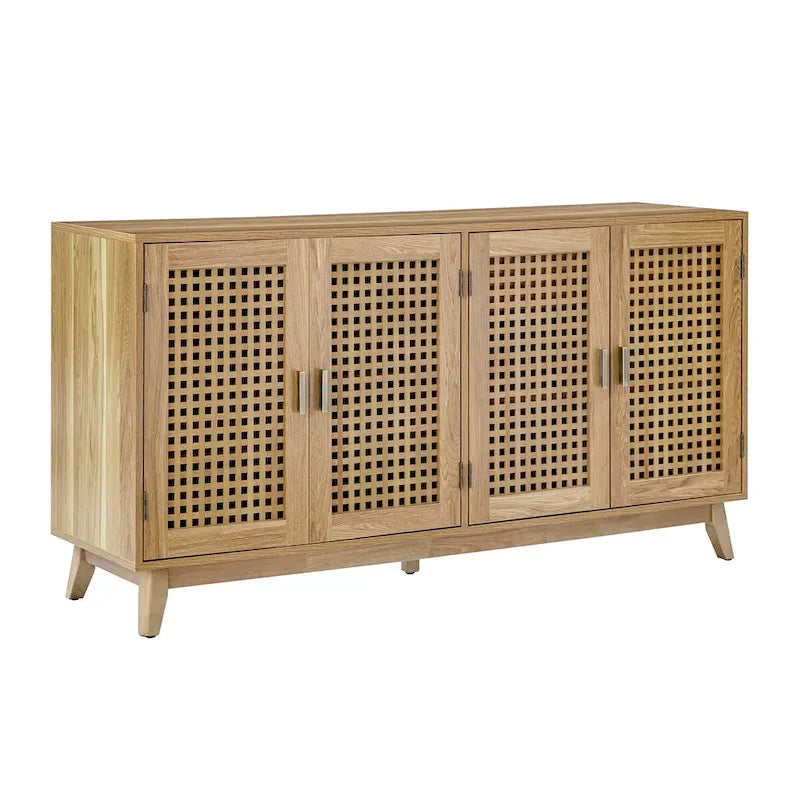 58 in. Black Sideboard with Woven Cane Door Panels and Angled Wood Legs