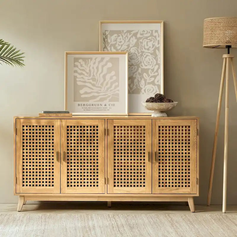 58 in. Black Sideboard with Woven Cane Door Panels and Angled Wood Legs