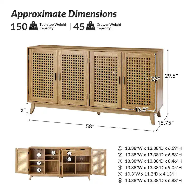 58 in. Black Sideboard with Woven Cane Door Panels and Angled Wood Legs