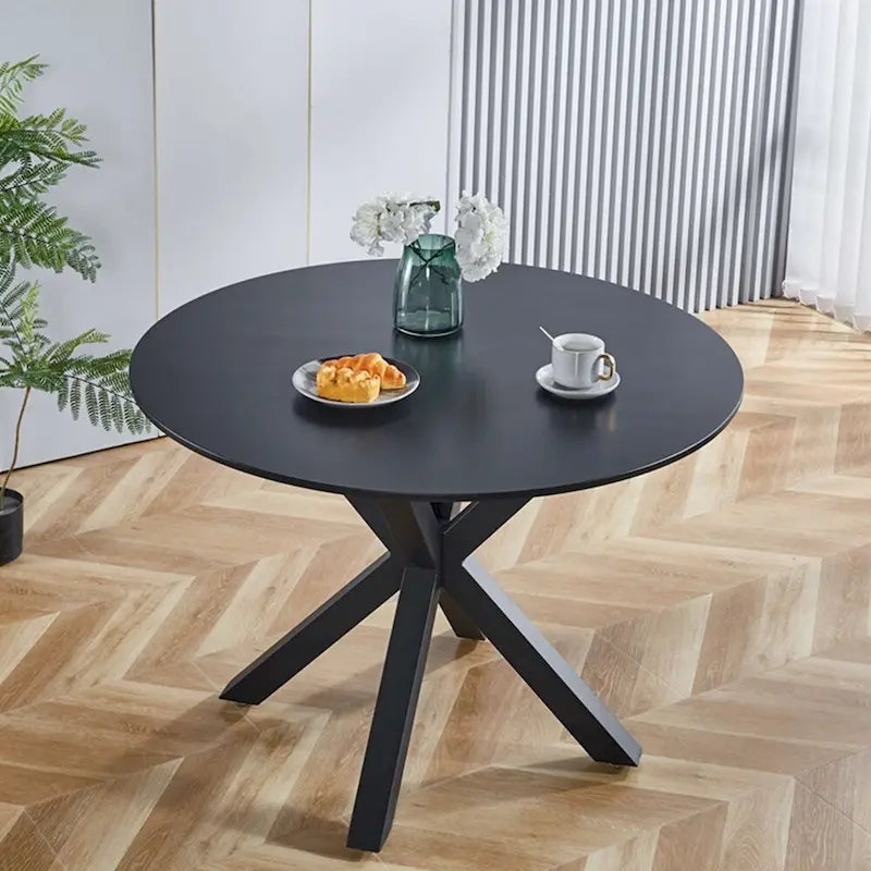 Black Round Dining Table with X-Base, Seats 4-6, Mid-Century Modern
