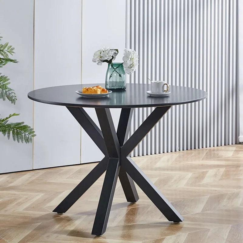 Black Round Dining Table with X-Base, Seats 4-6, Mid-Century Modern