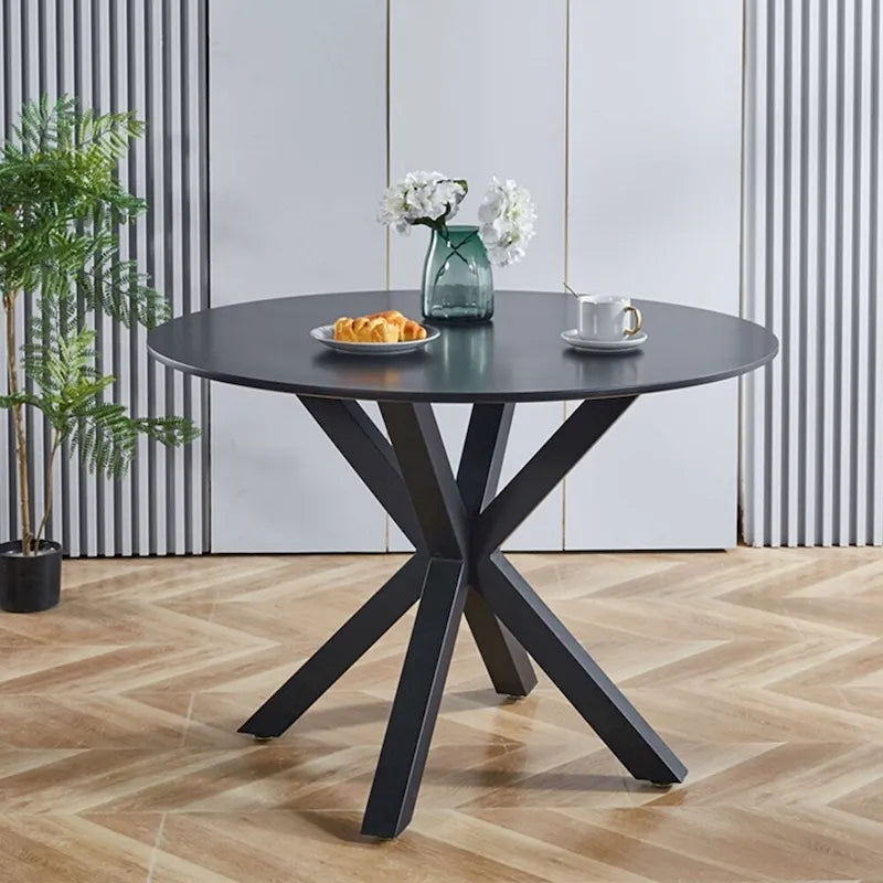 Black Round Dining Table with X-Base, Seats 4-6, Mid-Century Modern