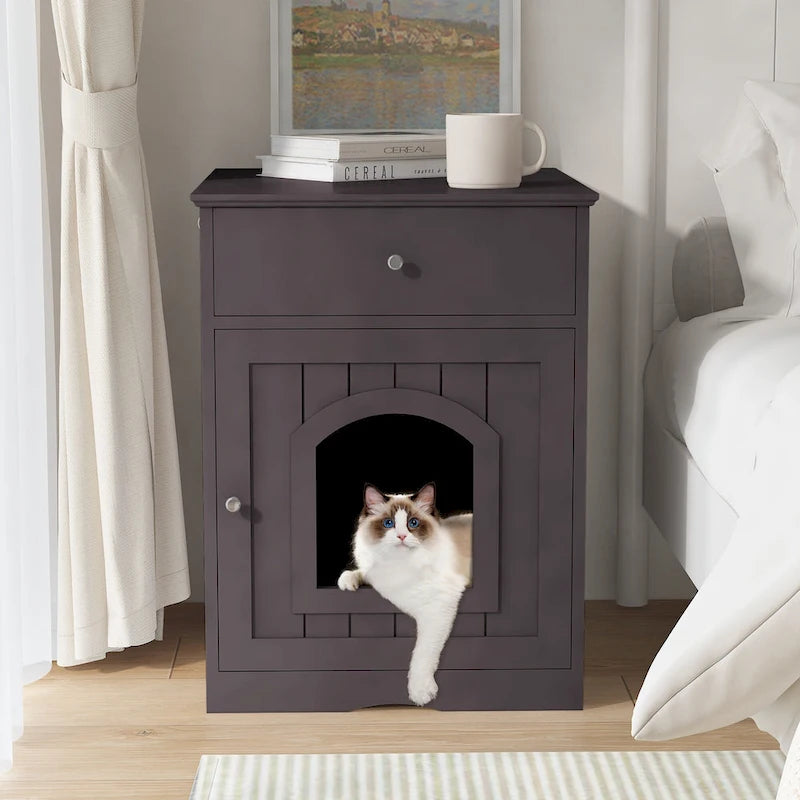 Wooden Pet House Cat Litter Box Enclosure with Drawer, Side Table, Indoor Pet Crate, Cat Home (Brown)
