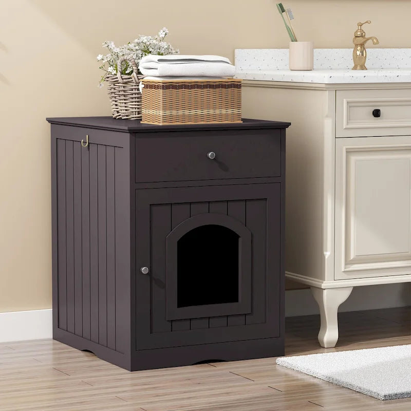 Wooden Pet House Cat Litter Box Enclosure with Drawer, Side Table, Indoor Pet Crate, Cat Home (Brown)