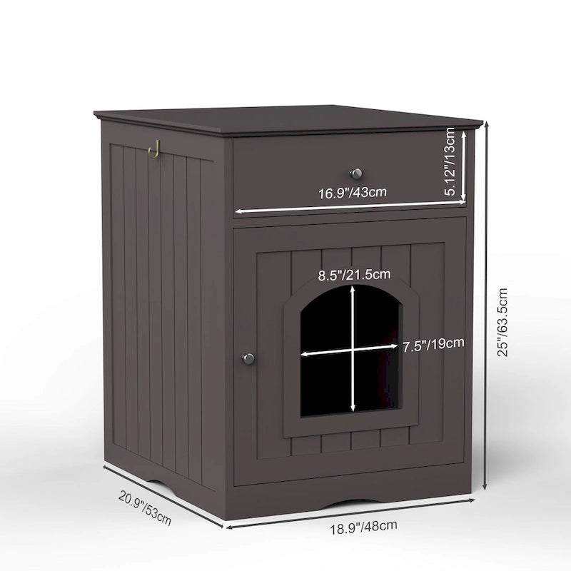 Wooden Pet House Cat Litter Box Enclosure with Drawer, Side Table, Indoor Pet Crate, Cat Home (Brown)